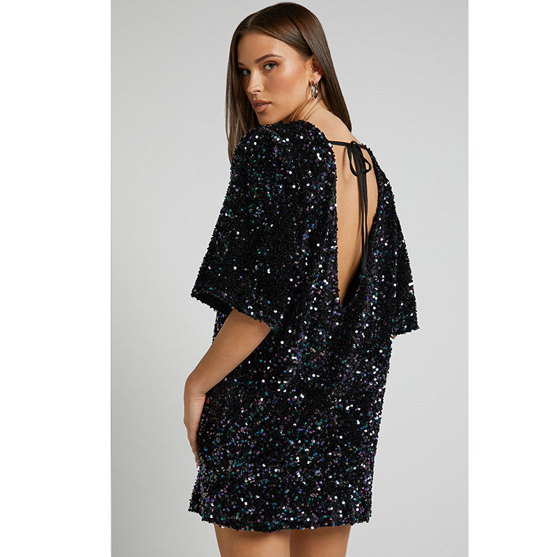 Velvet Sequin Fashion Elegant V-neck Backless Short Sleeve Dress - WOMONA.COM