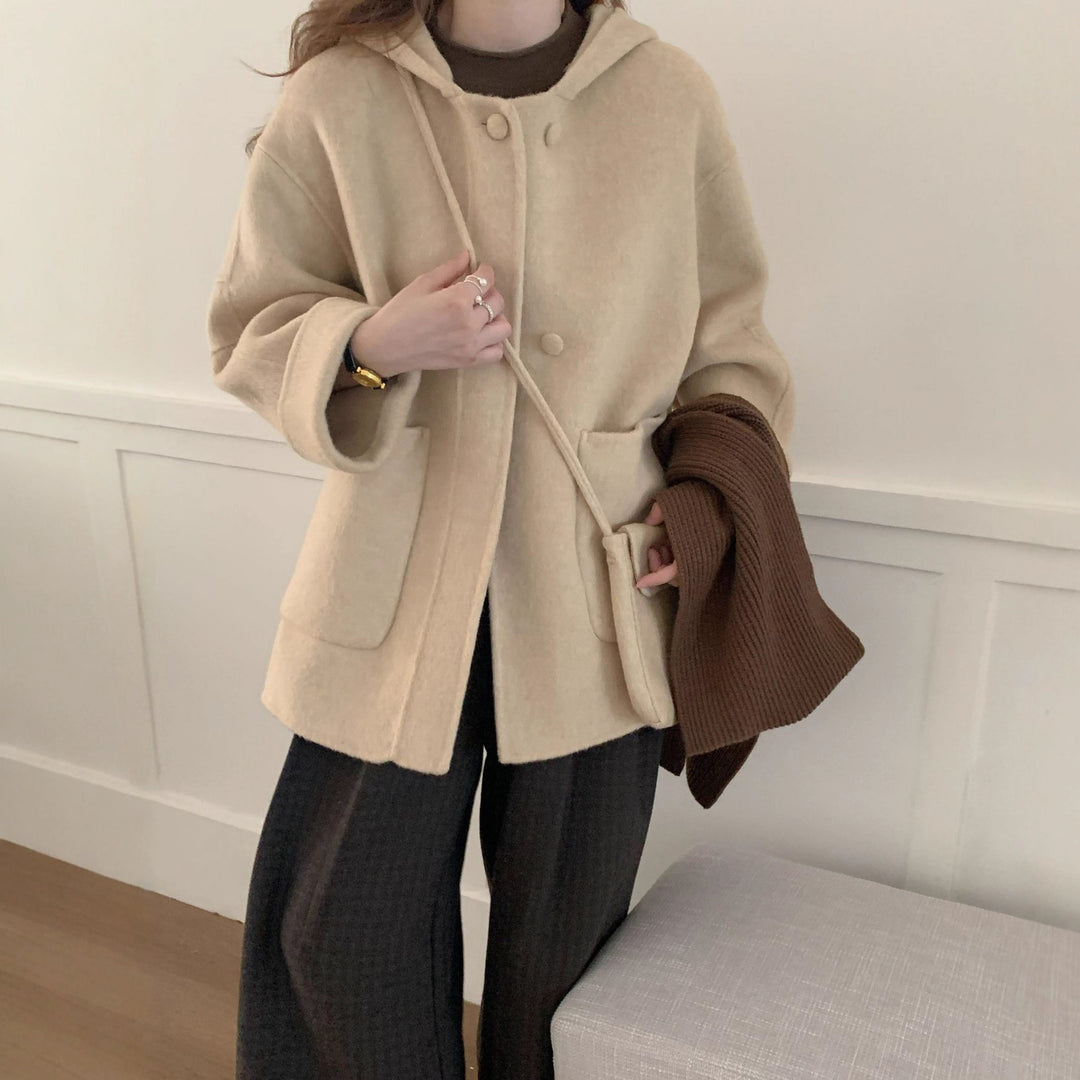 Women's hooded double-faced wool-blend coat