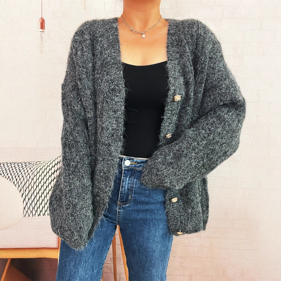 Women's Vintage Gold Button Knitted Cardigan V-Neck Single Breasted Cardigan