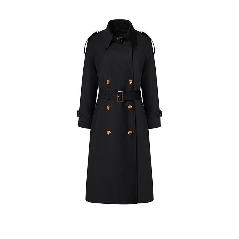 Black women's long trench coat with stand collar and double-breasted button closure