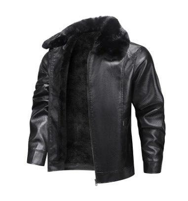 Men’s black leather coat with faux-fur hood, zip front, and visible back seams