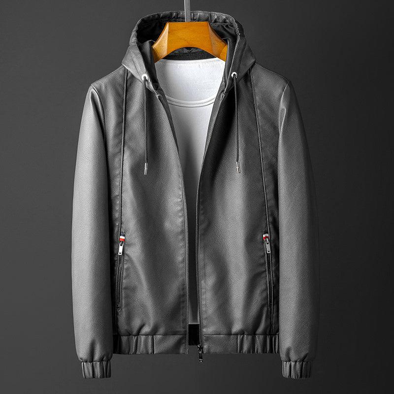 Gray leather hooded jacket with front zipper, drawstring hood, ribbed cuffs