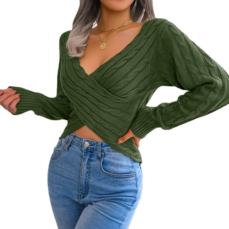 Cross V-neck Twist Long Sleeves Cropped Sweaters - WOMONA.COM