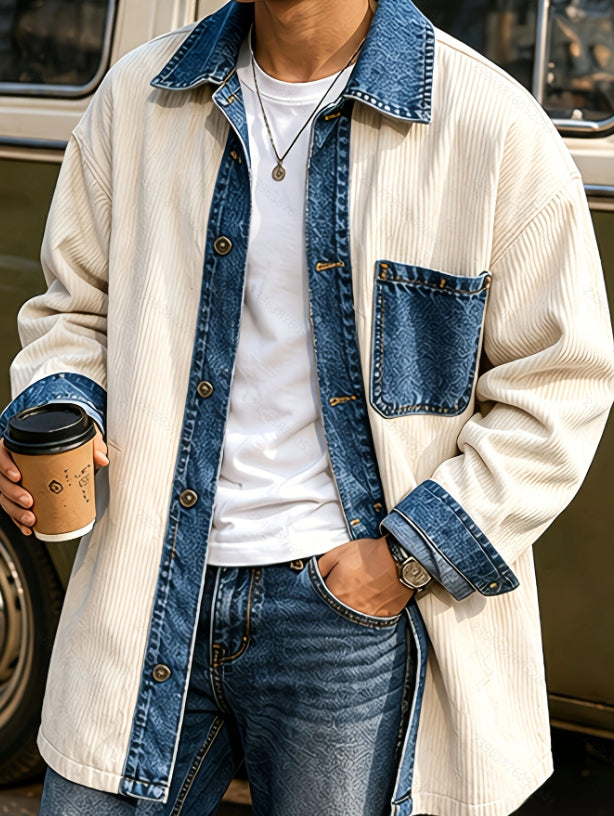 White denim patch lapel coat with chest pocket and snap-button front