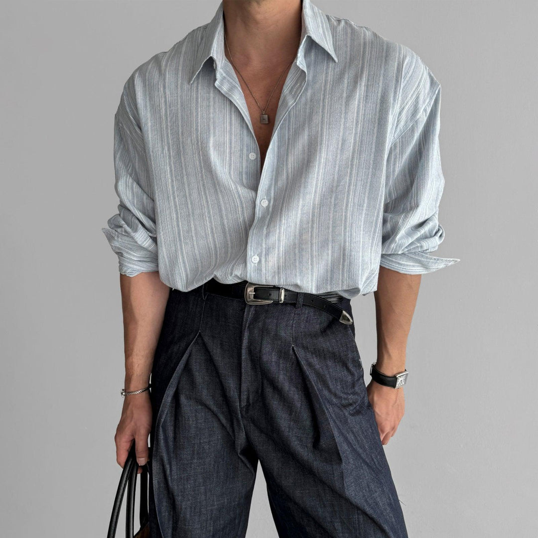 Men's striped long-sleeve shirt, light blue vertical stripes, button-front collar