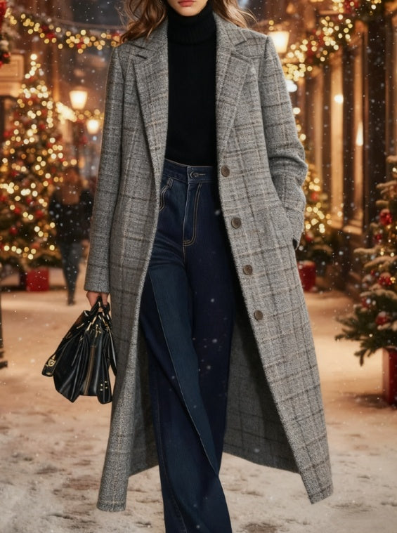 Mid-length plaid coat in gray with light grid, long sleeves, button-front.