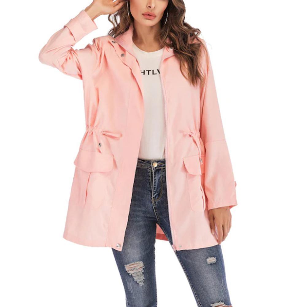 Pink trench coat with notched collar, button front, tie waist, flap pockets.