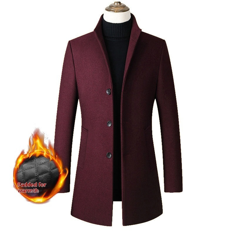 Men's padded trench coat in burgundy with buttoned front and notch lapels