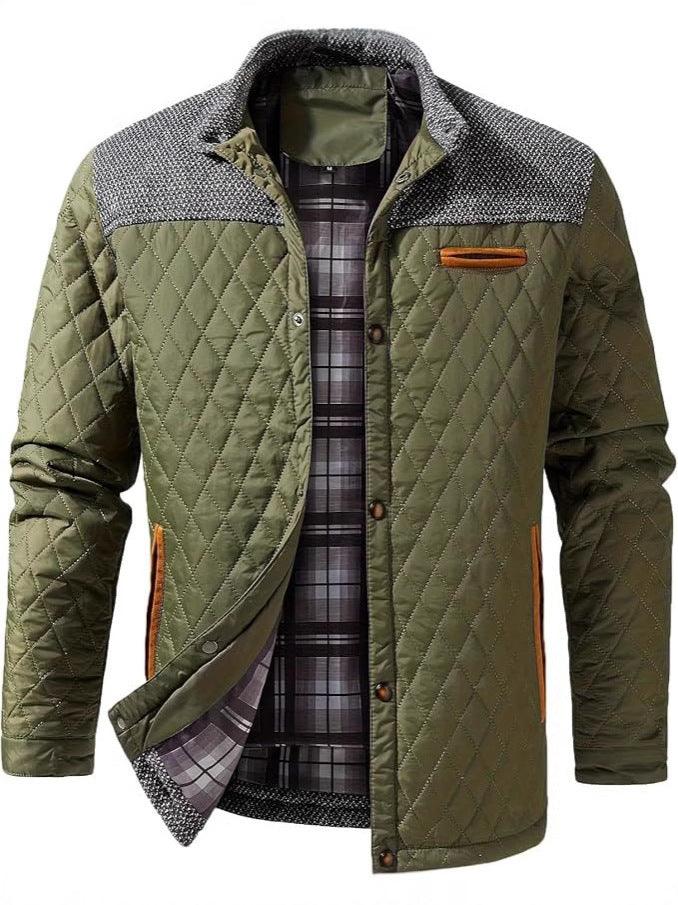 Quilted casual jacket in olive green with gray collar and plaid lining