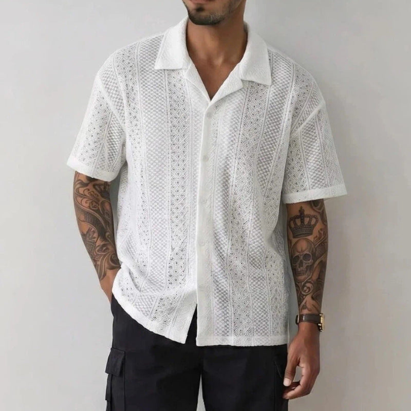 White knit short sleeve shirt with Cuban collar and hollow-out textured pattern