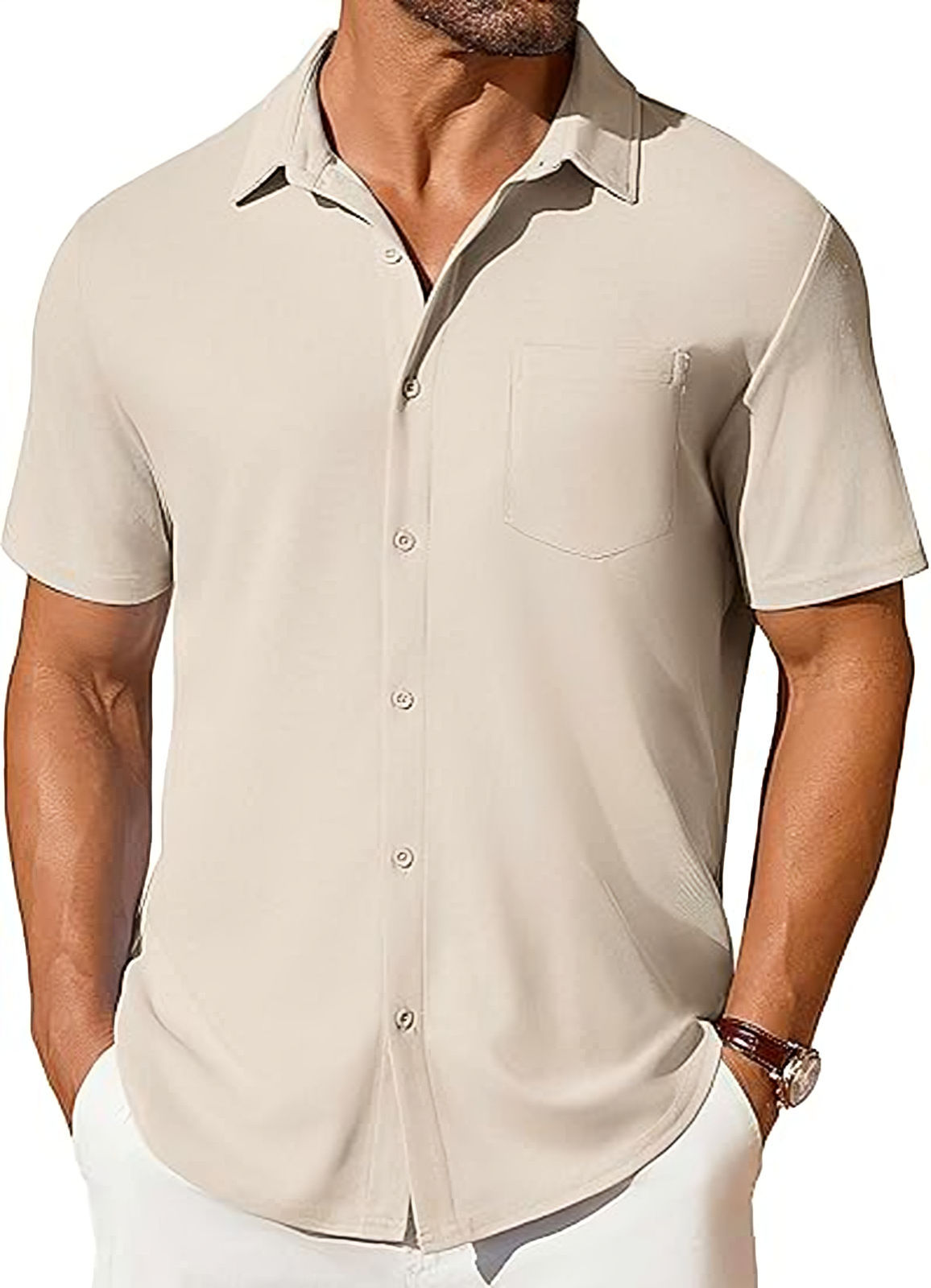Cream short-sleeve button-up shirt with pointed collar, button front, chest pocket