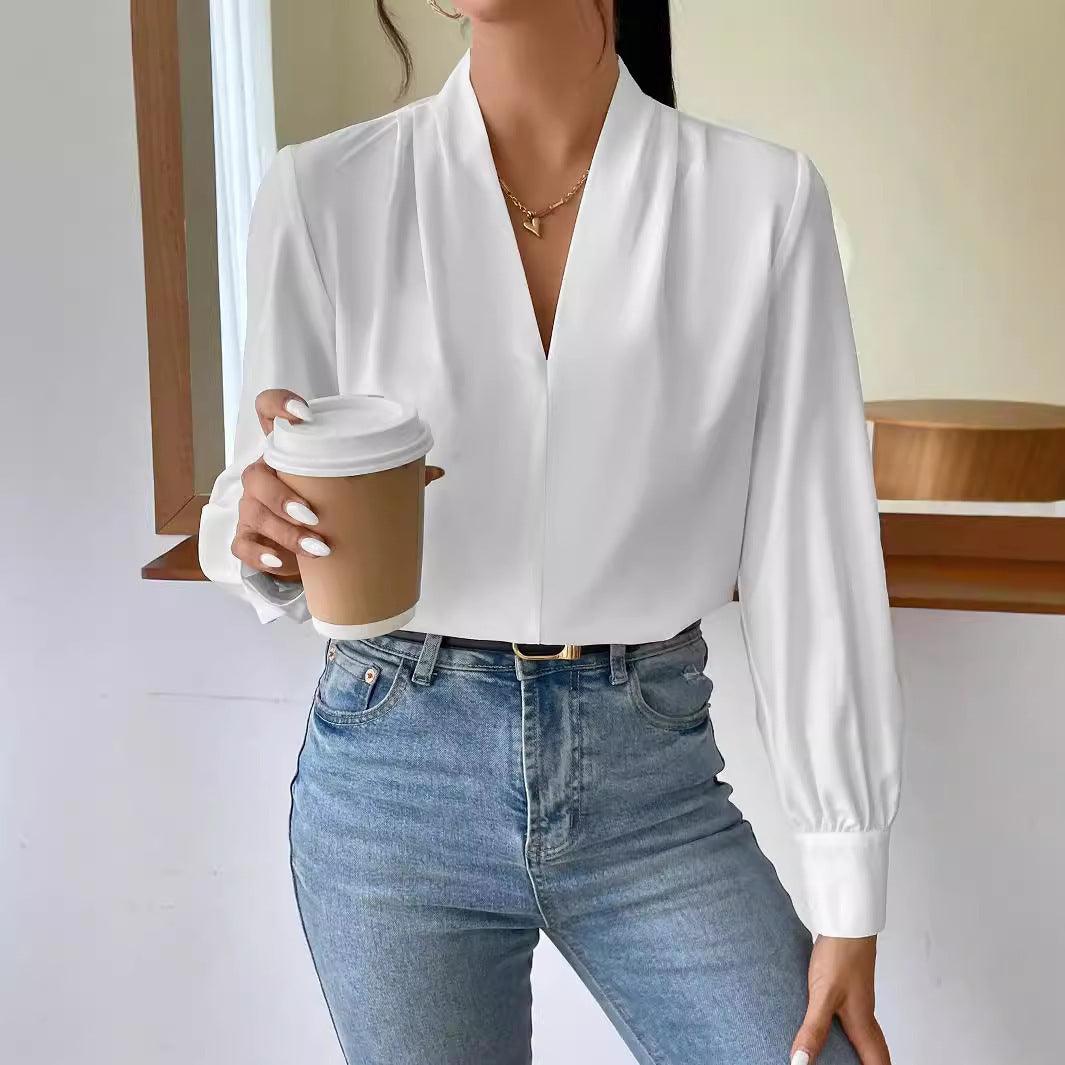 Long Sleeve Design Sense V-neck Loose Top - WOMONA.COM