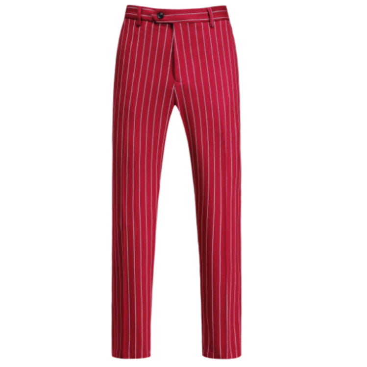 Red pinstripe dress pants with belt loops and front button