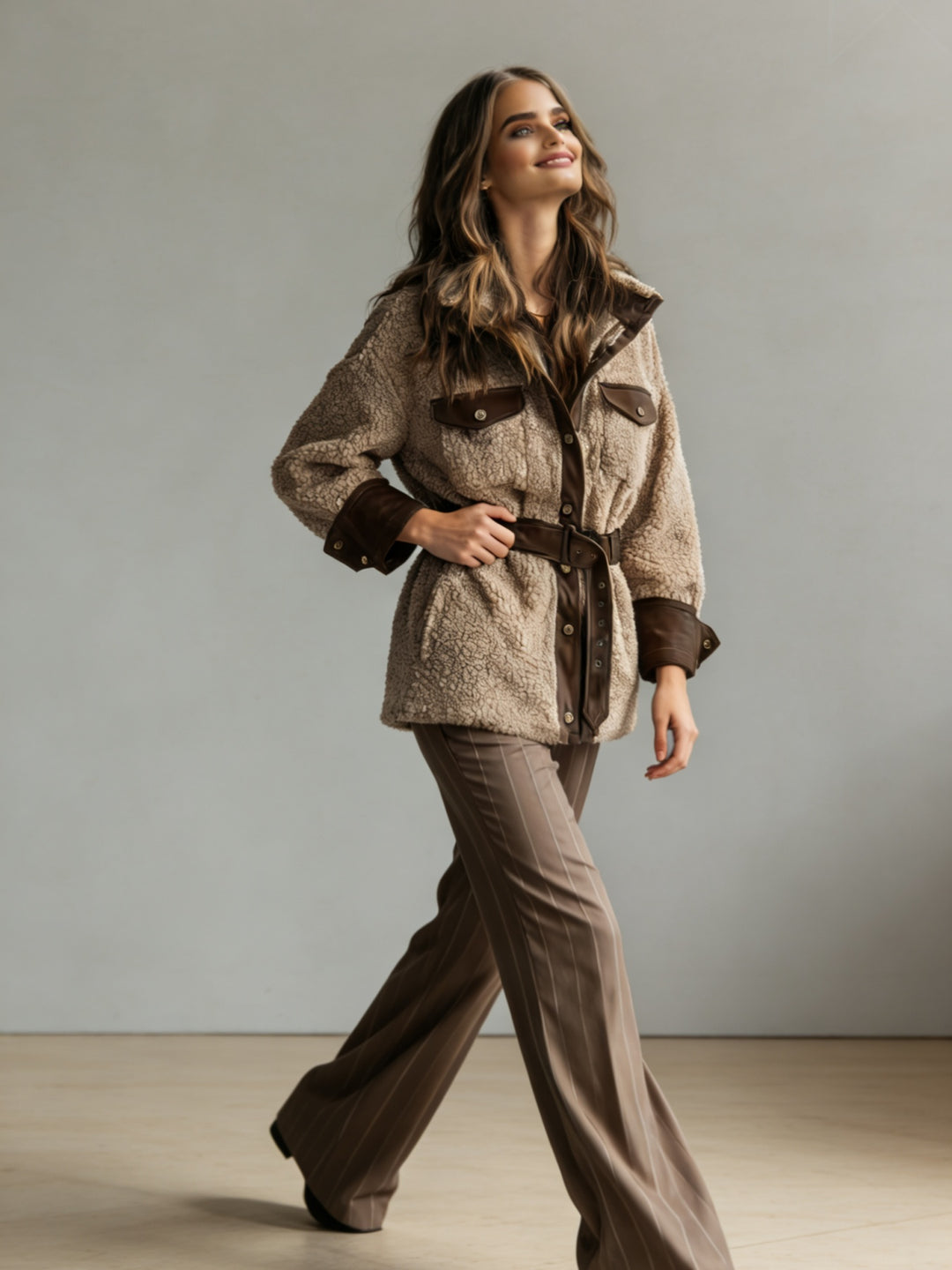 Women’s khaki teddy fleece hooded jacket with dark brown trim and belt