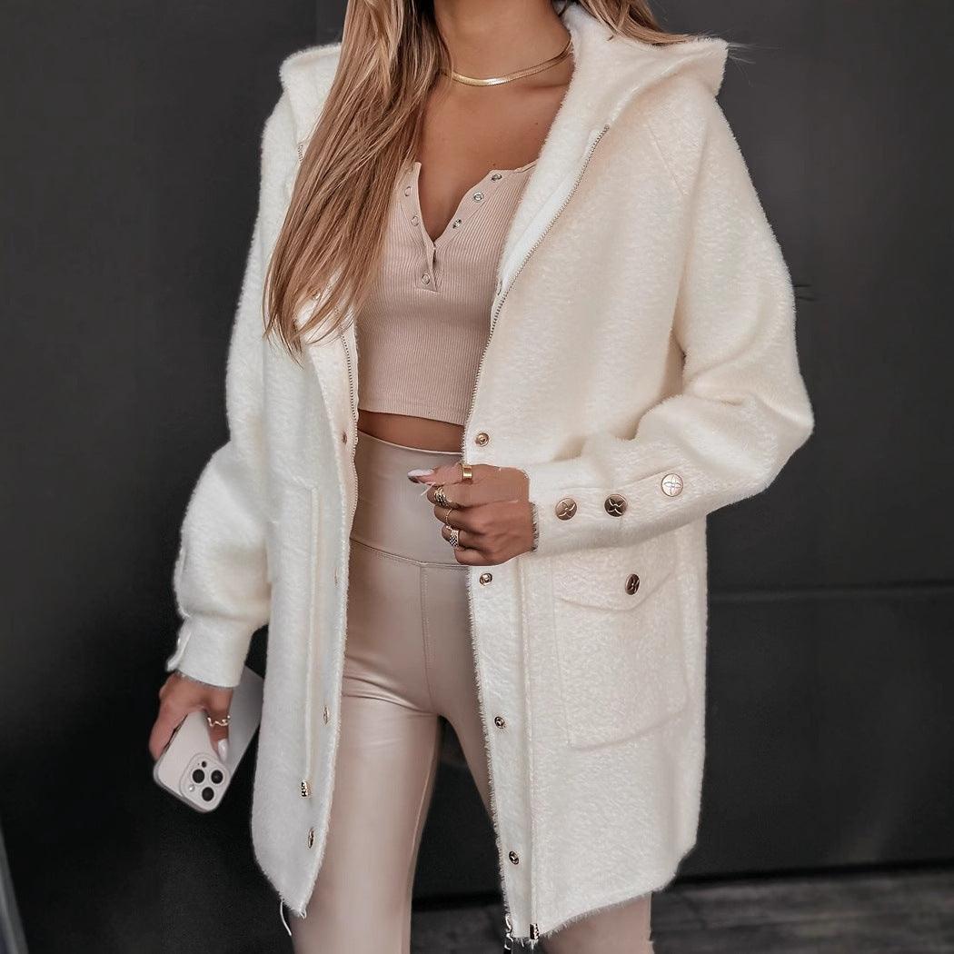 Cream sherpa zip-front hooded jacket with button pockets and front snap placket