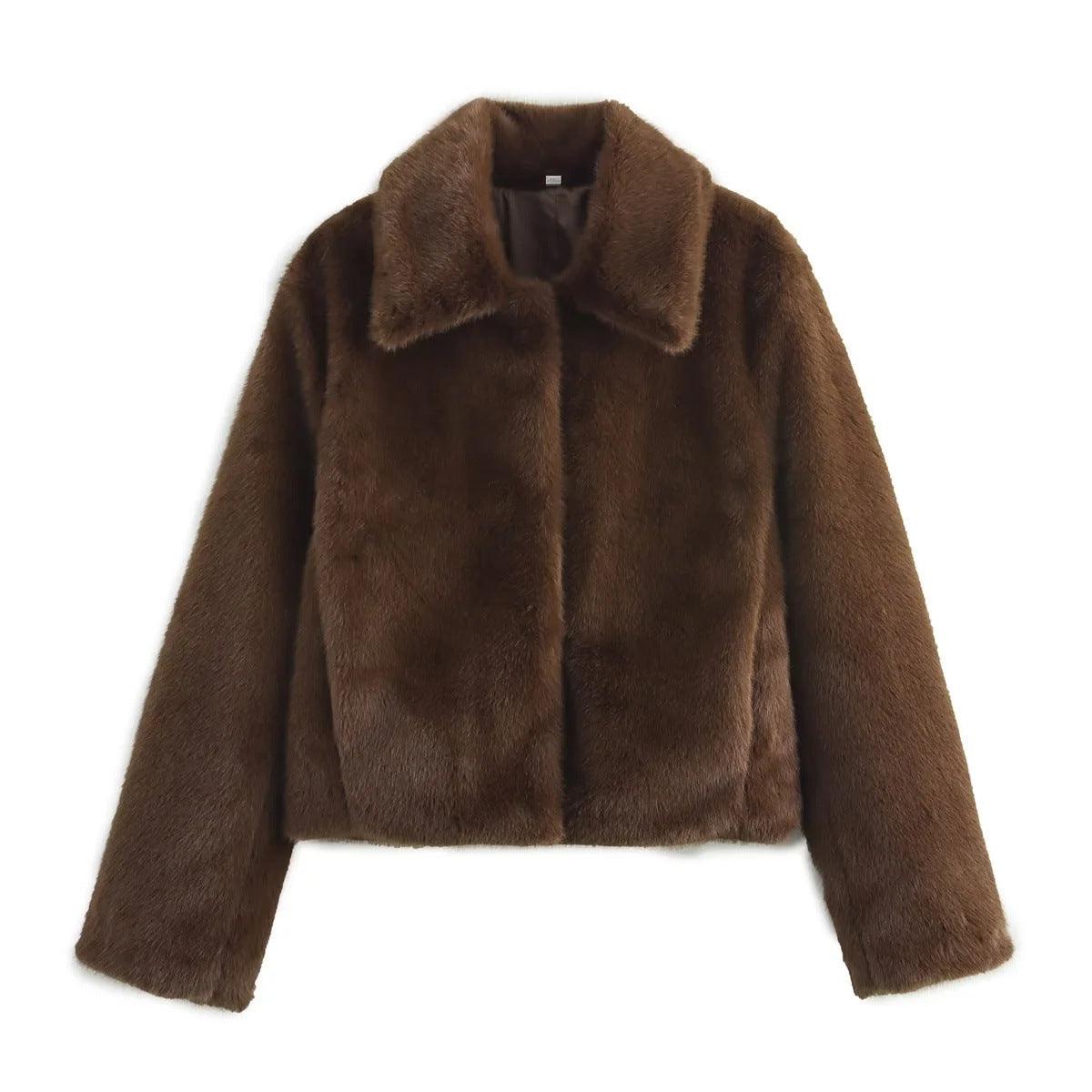 Dark brown cropped faux fur jacket with pointed collar