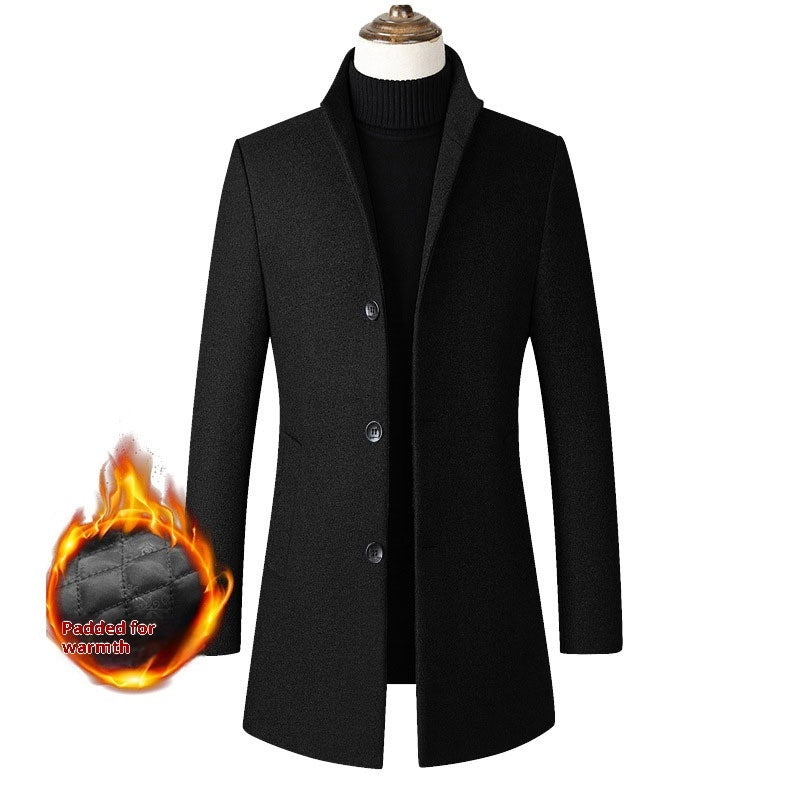 Men's padded trench coat in black with notch lapels and button front