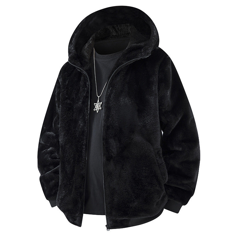 Fleece-lined hooded cardigan coat in black, front zip and two front pockets