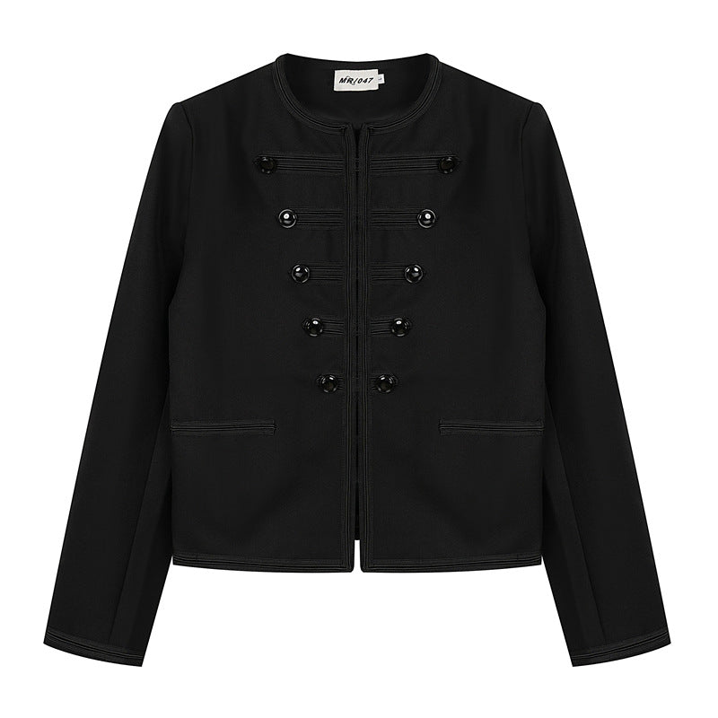 Black cropped military-style jacket with round neck, long sleeves, button-front details