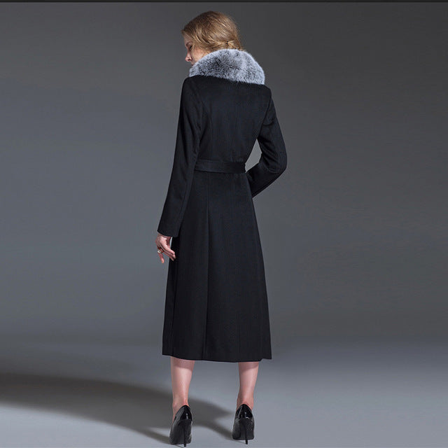 Real Fox Fur Collar Wool Overcoat Super Long Waist - WOMONA.COM