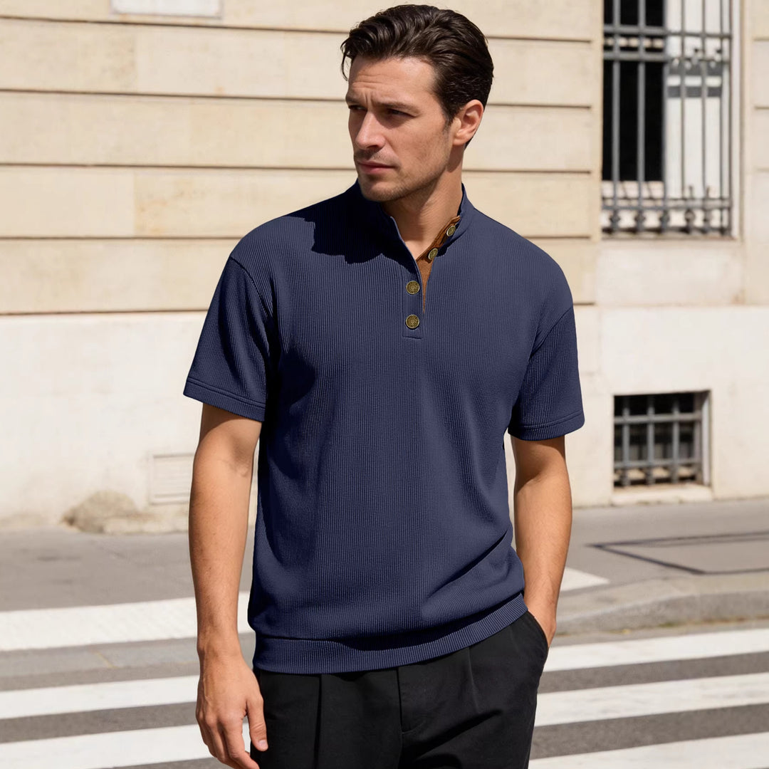 Men's Stand-Collar Short-Sleeve Corduroy Pullover Shirt
