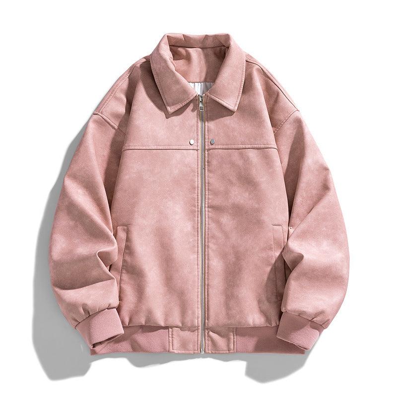 Suede-style leather coat with retro lapels, full-zip front, ribbed cuffs, blush pink