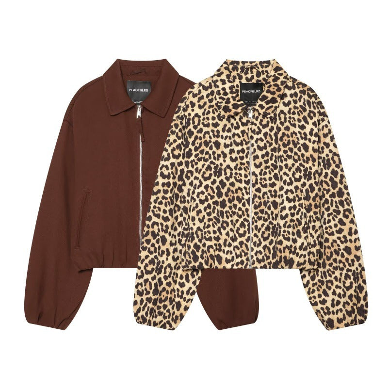 Women's Leopard-Print or Solid Zip-Collar Jacket - product view 1