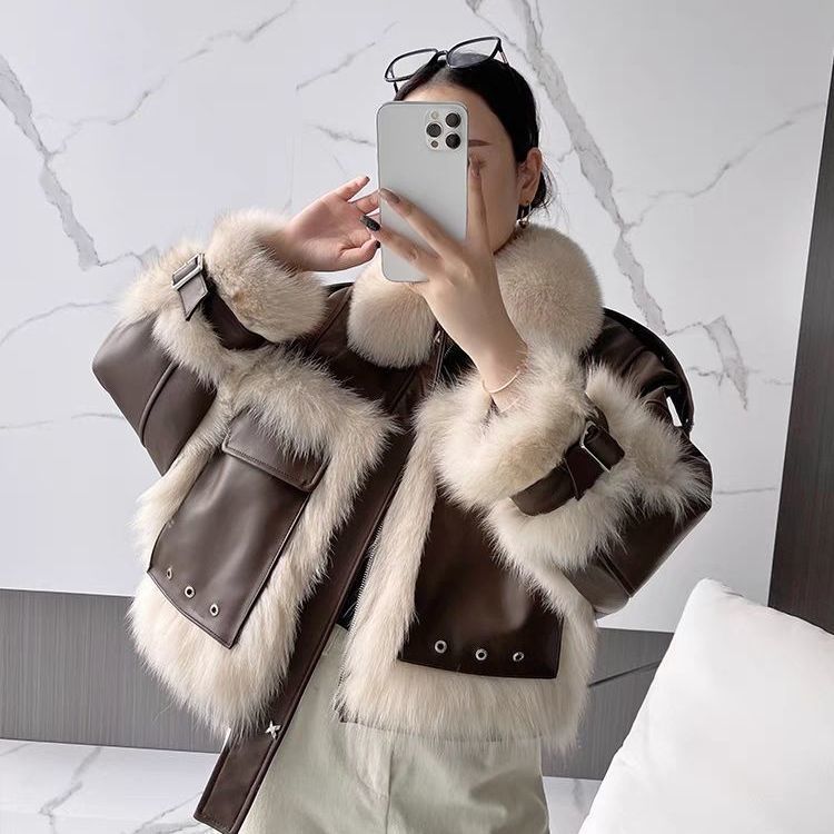 Sense Fox Fur Stitching Leather Coat - WOMONA.COM