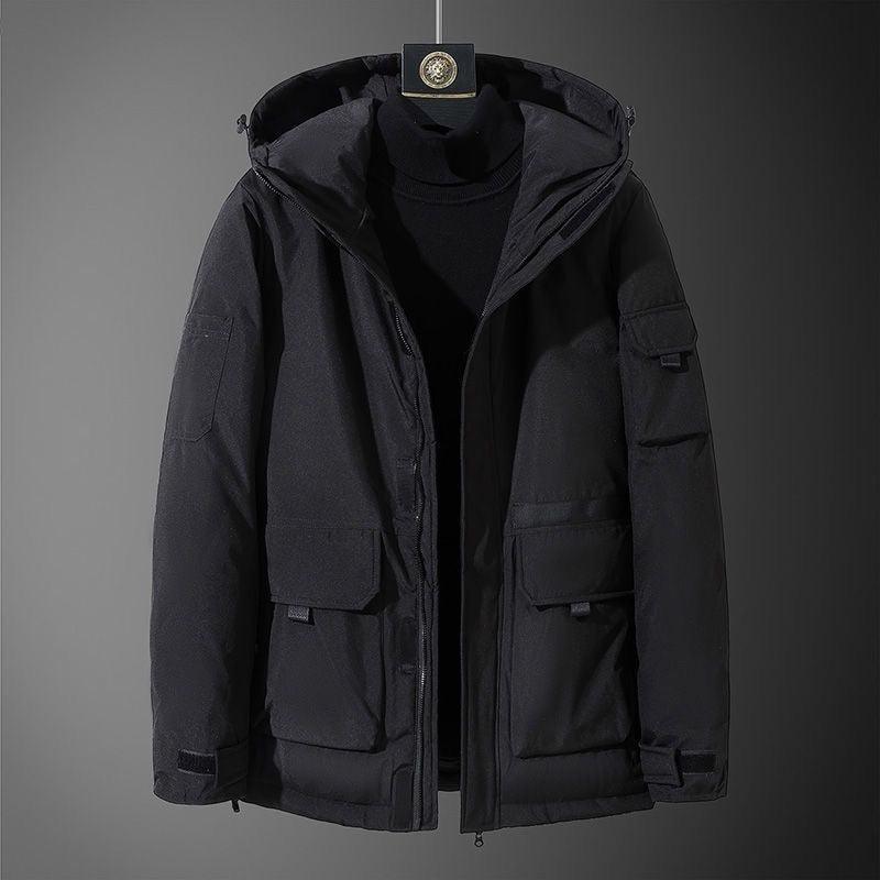 Black hooded outdoor work coat with zip front, multiple flap pockets, dark trim