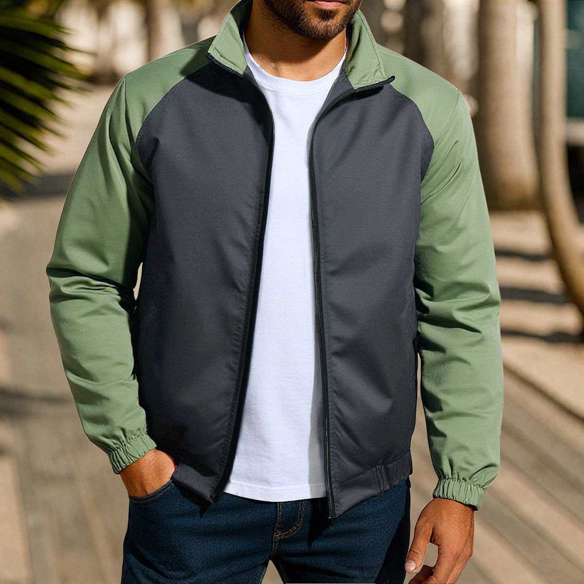 Men's loose contrast-color raglan-sleeve stand-collar jacket in red, khaki and green – photo 2 of 7