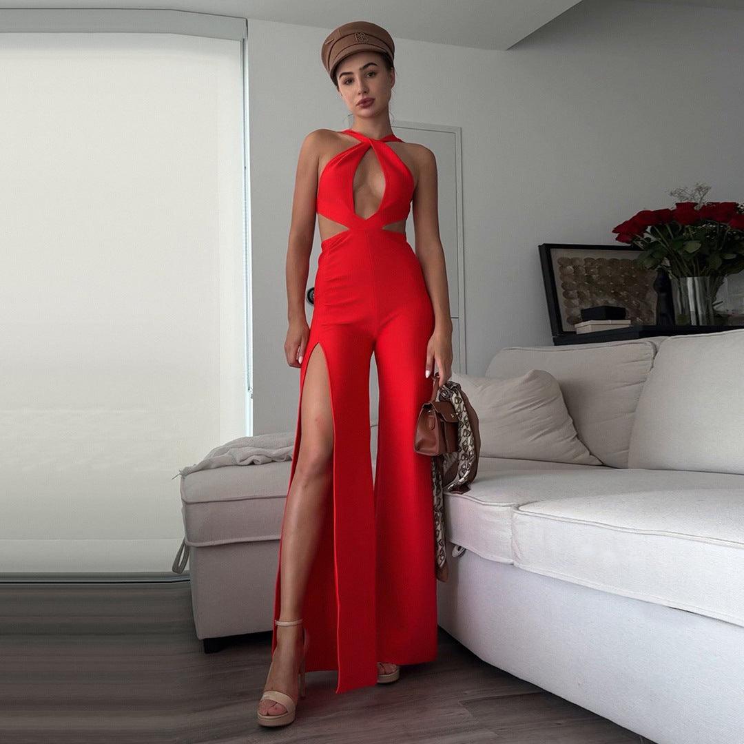 Women's red bandage halter jumpsuit with keyhole cutout and thigh slit
