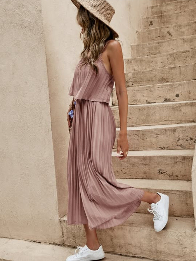Women’s pleated sleeveless wide-leg romper with tiered bib top, mauve