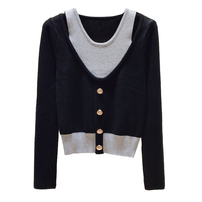 Vintage stitching fake two short knit sweaters - WOMONA.COM