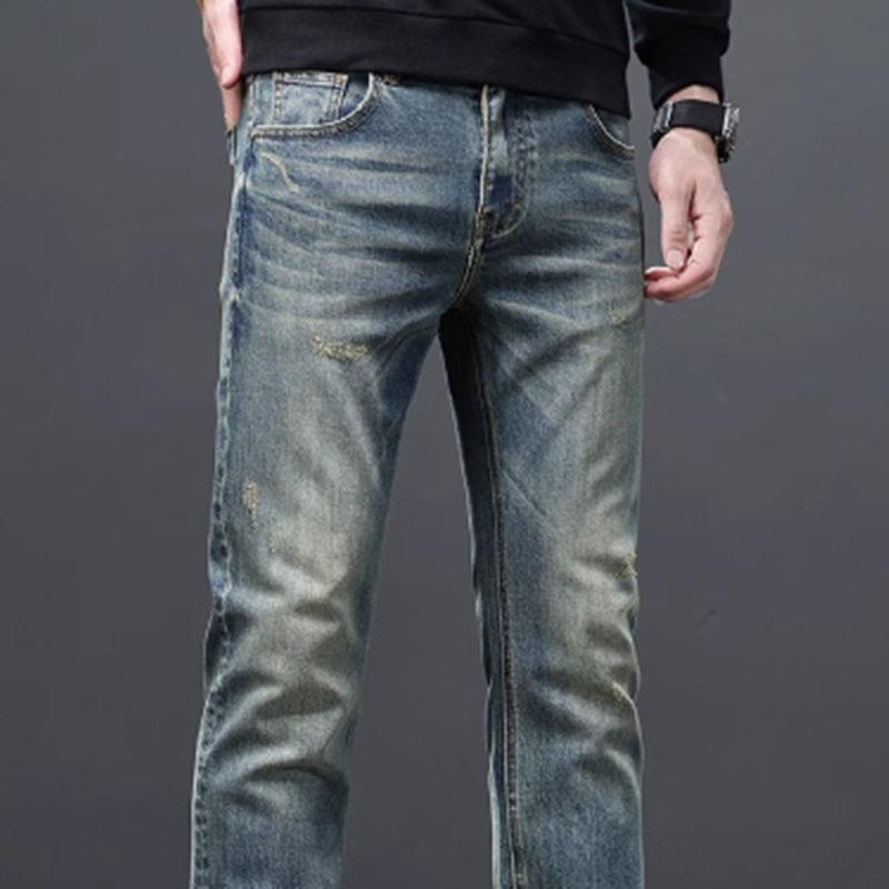 Men's light blue denim jeans with straight legs and five-pocket design
