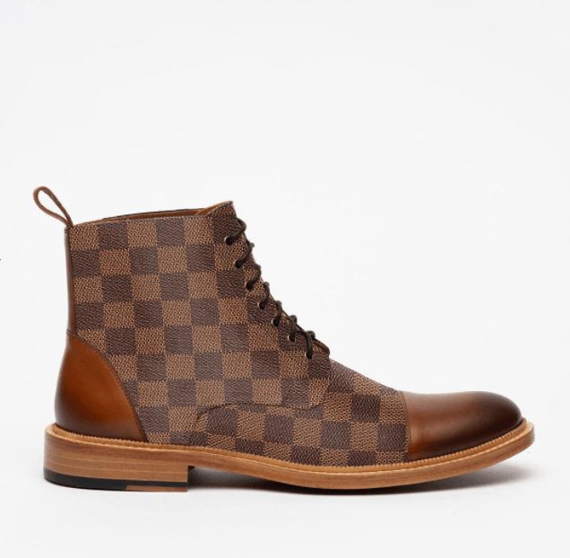 Men's brown check lace-up ankle boots with padded collar and low heel