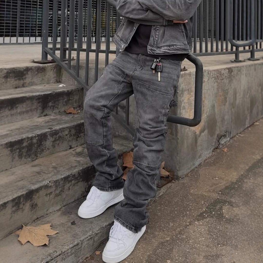 Gray ripped hip cargo stretch trousers with flap pockets and cuffed wide-leg hems