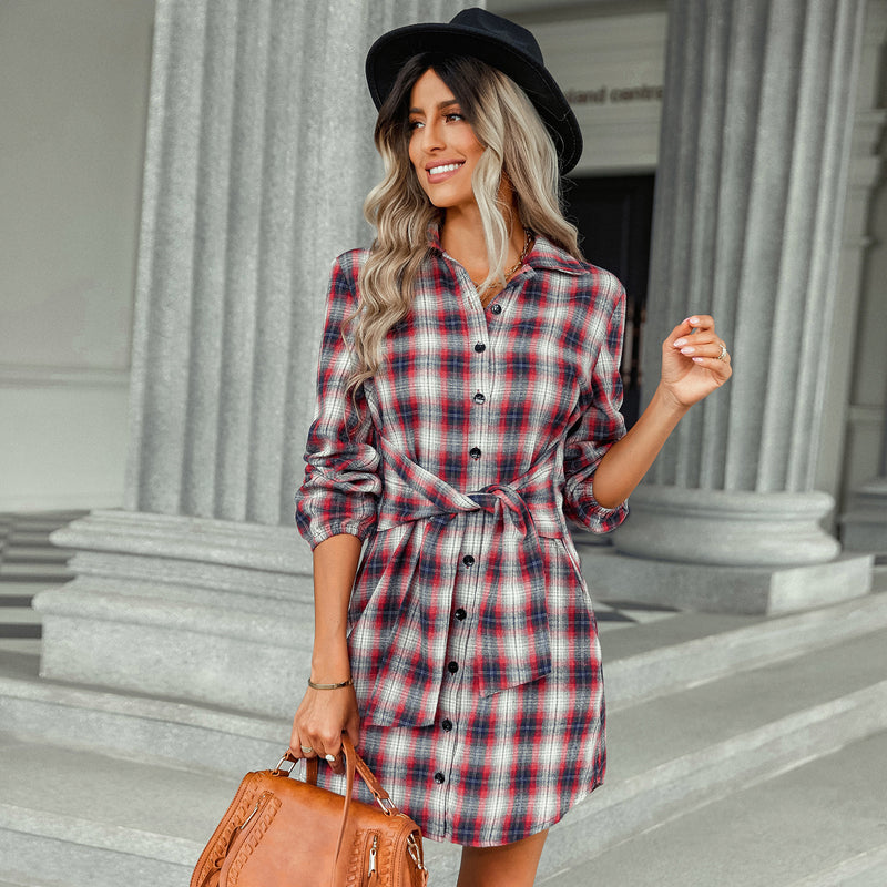 Foreign Trade Fashion Plaid Drawstring Waist-tight Dress - WOMONA.COM