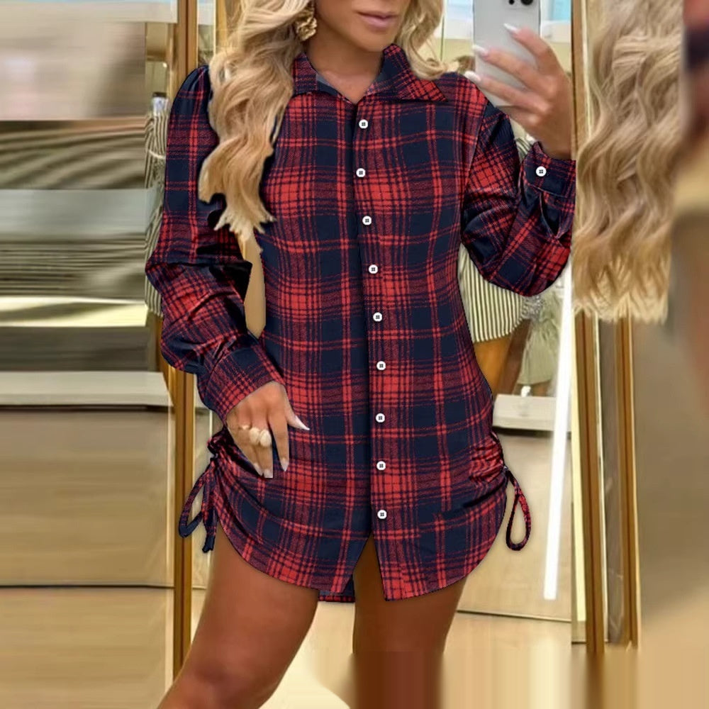 Women's red plaid patchwork midi shirt dress