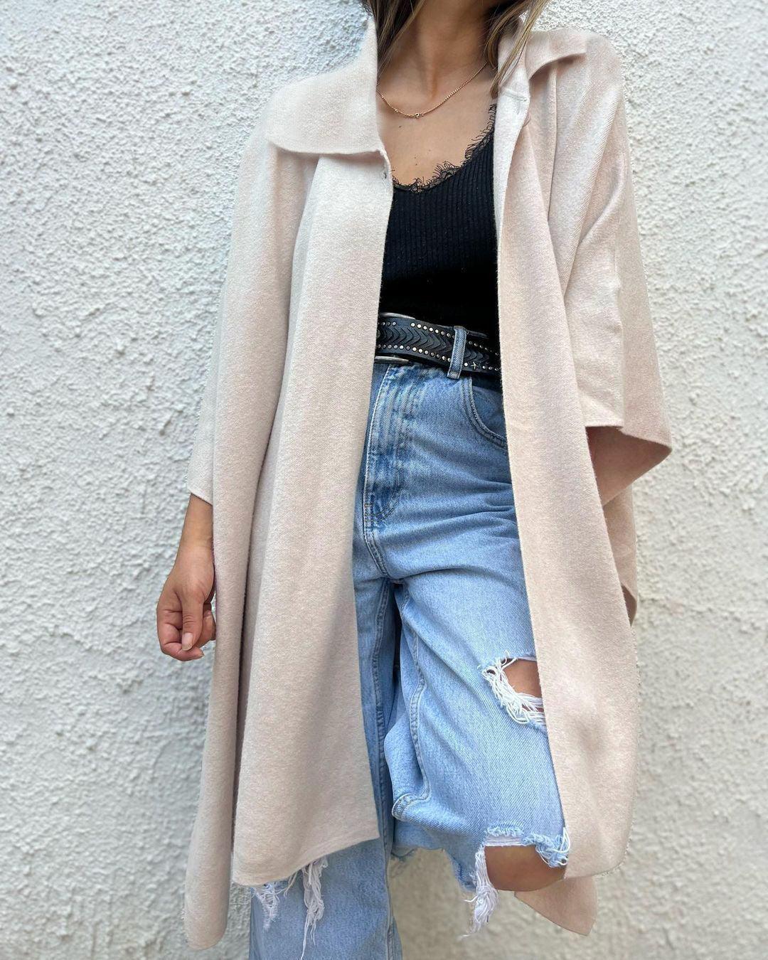 Loose one-button trench coat, apricot, collared with draped wide sleeves