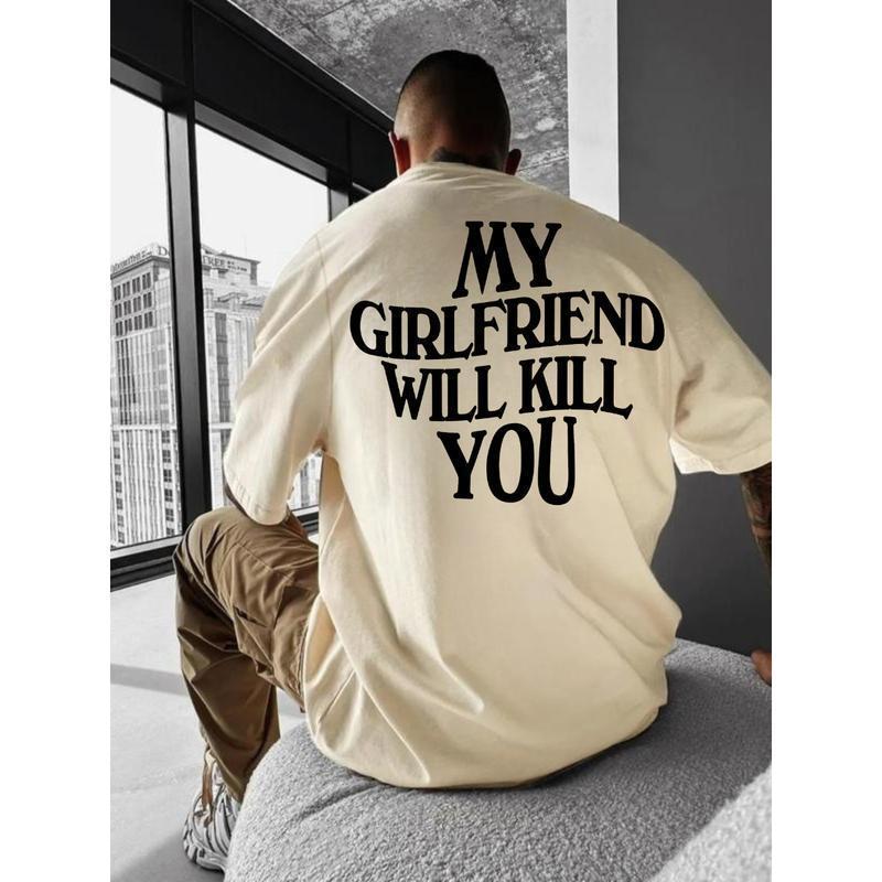 Light cream European-size T-shirt with large back text graphic, short sleeves