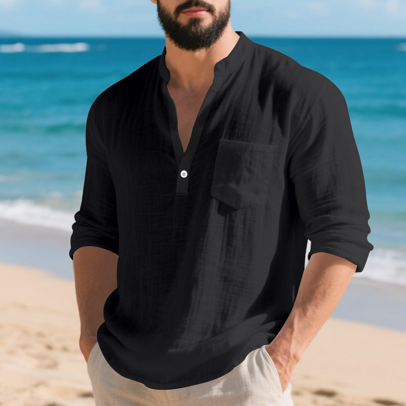 Men's black linen long-sleeve henley shirt with chest pocket and 2-button placket