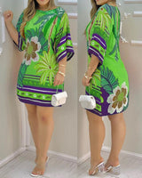 Women's Round-neck Tropical Printing Half-sleeved Casual Dress - WOMONA.COM