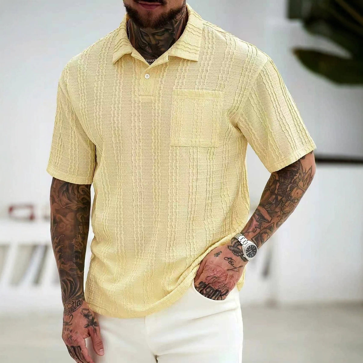 Men's textured polo shirt, lemon yellow, button placket and chest pocket