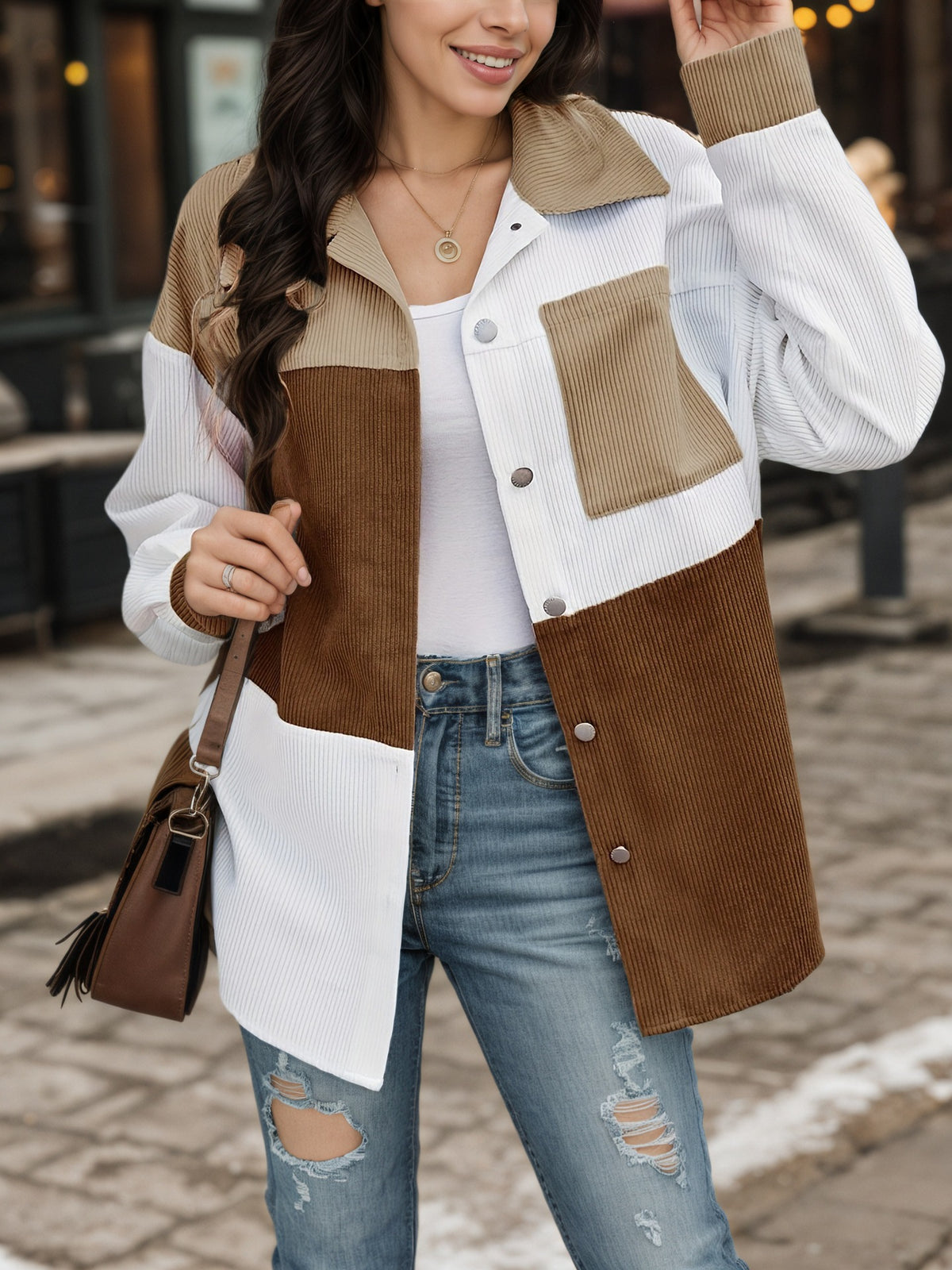 Colorblock stand-collar aviator jacket with white sleeves and brown textured paneling