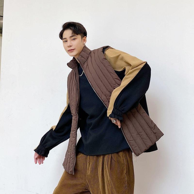 Men's colorblock brown quilted cotton-padded jacket with contrast sleeves and stand collar