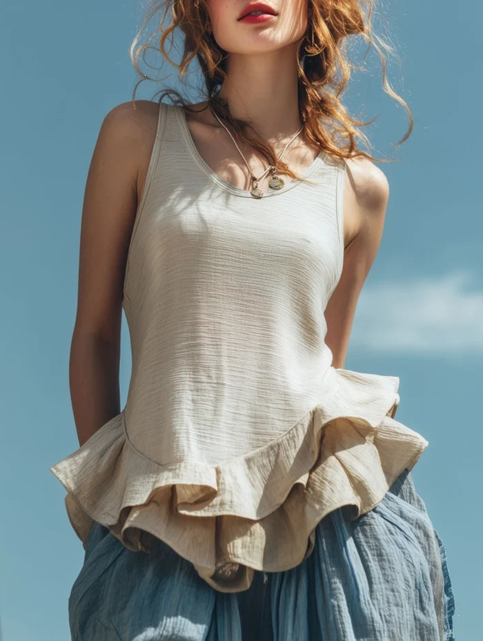 Beige sleeveless V-neck top with ruffled layered hem