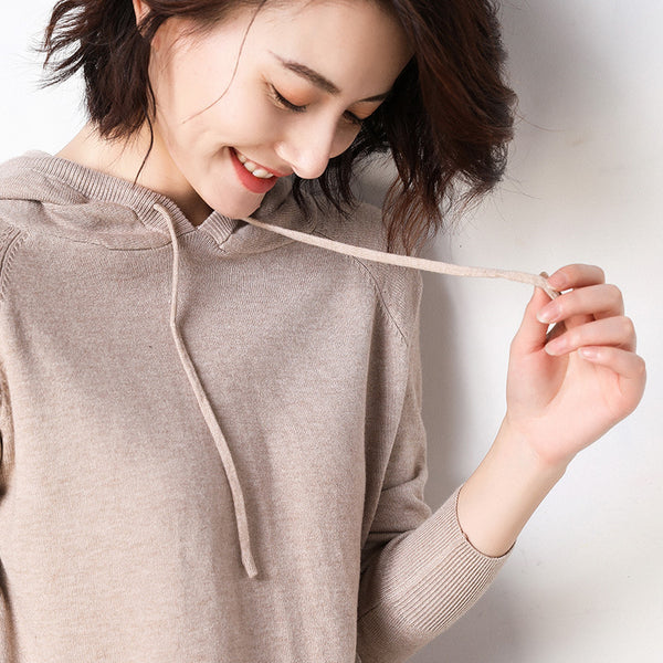 Women's thin section loose hooded sweater - WOMONA.COM