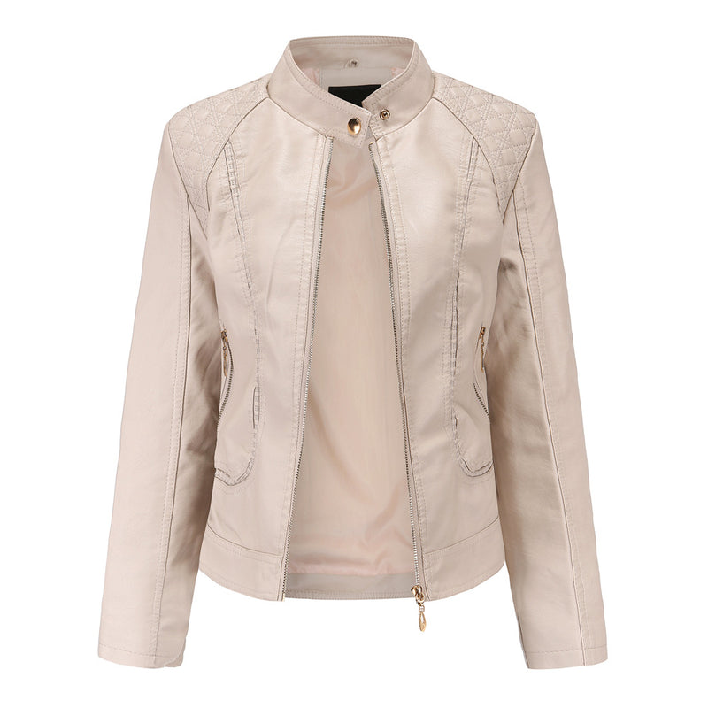 Women's stand collar PU leather jacket - WOMONA.COM