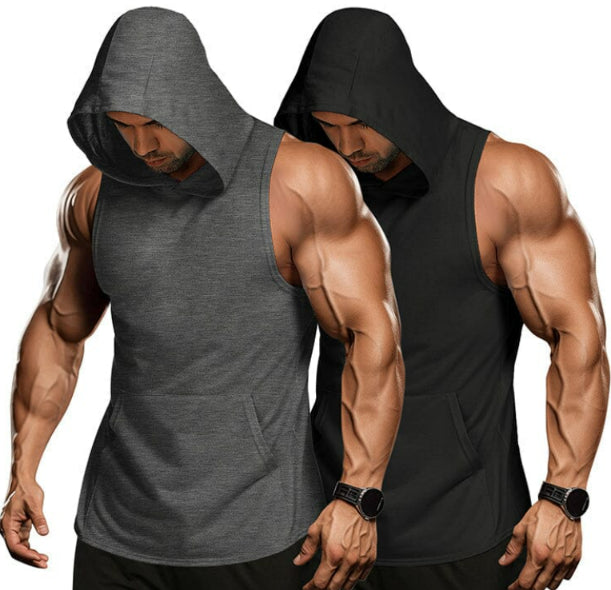 Gray and black sleeveless hooded sweat-wicking vests with front pockets
