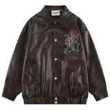 Rose Embroidered PU Leather Statement Jacket - WOMONA.COM